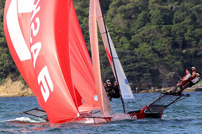 The critical moment when Asko Apliances grabbed the lead from Gotta Love It 7 - 2014 JJ Giltinan 18ft Skiff Championship © Frank Quealey /Australian 18 Footers League http://www.18footers.com.au